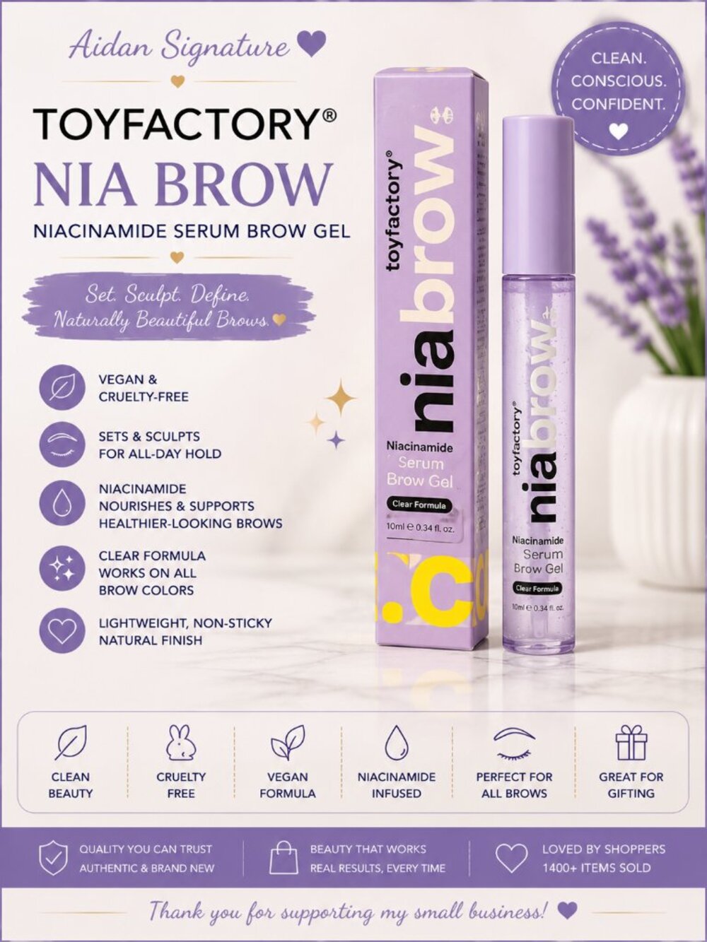 Toyfactory Nia Brow Niacinamide Serum Brow Gel Clear Formula 10ml Vegan NIB